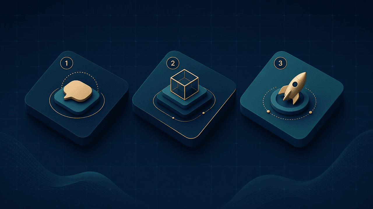 Talk, Build, and Launch illustrated as three steps